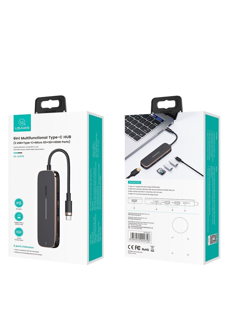 Usams موزع متعدد الوظائف 6 في 1 من النوع C مع منفذين USB+Type-C+Micro S-D+S-D + HD-MI (أسود)  - Image 5
