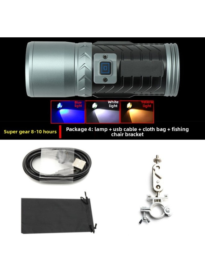 Three-light Source Fishing Lamp Flashlight Strong Light High-power Night Fishing Lamp Blue Light Outdoor USB Rechargeable Fishing Lamp-Color:Package 4: Light + Line + Cloth Bag + Fishing Chair Bracket  - Image 1