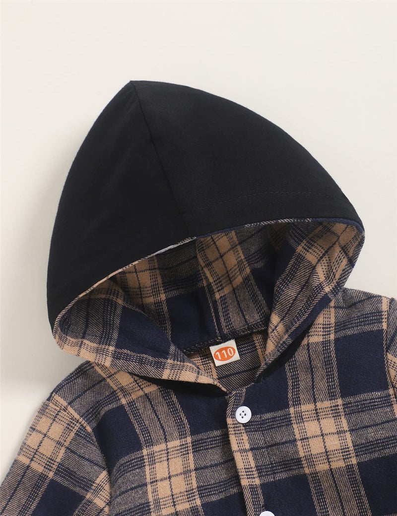 Fuermos Toddler Baby Boys Clothes Flannel Lattice Button Down Hooded Tops +Pants Boys Fall Winter Outfits(3-4T) - Image 4