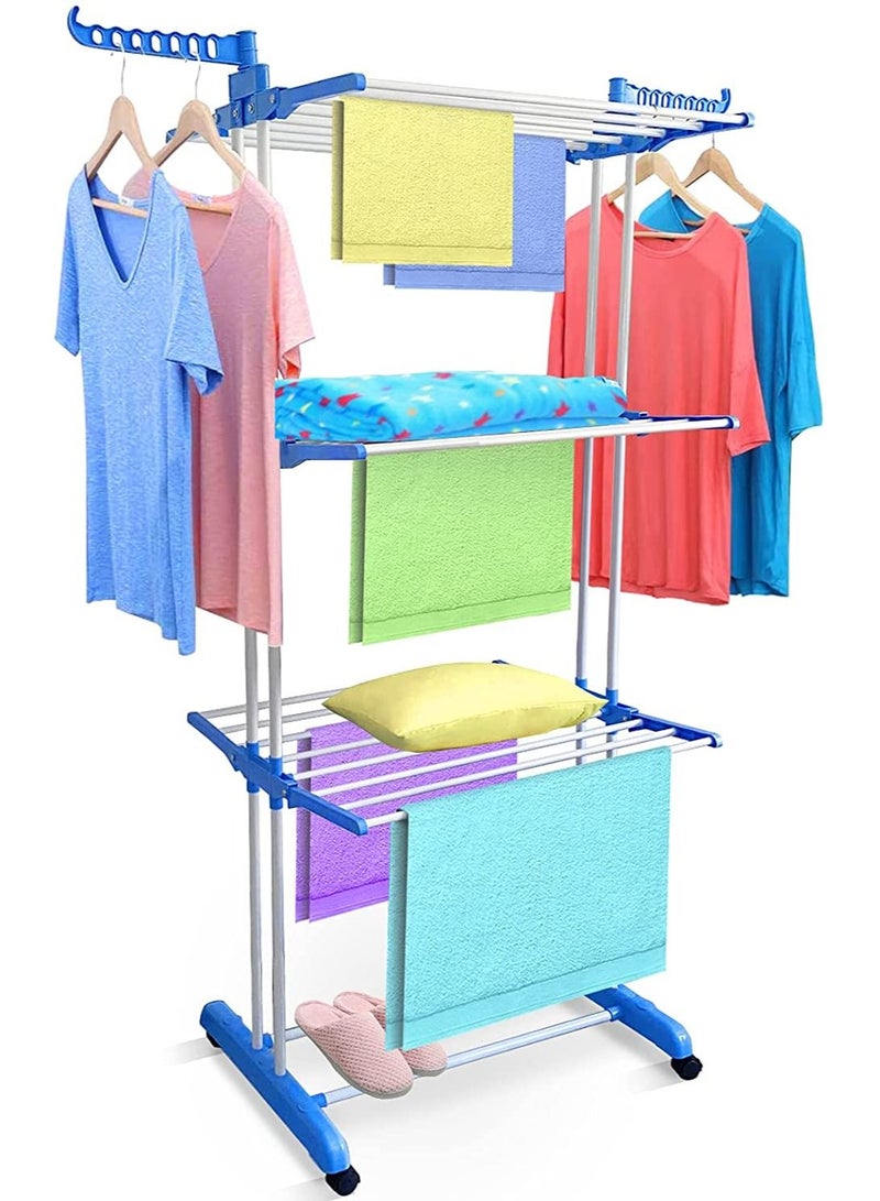 3 tier fordable powder coat dryer rack with wheels (blue) - Image 1
