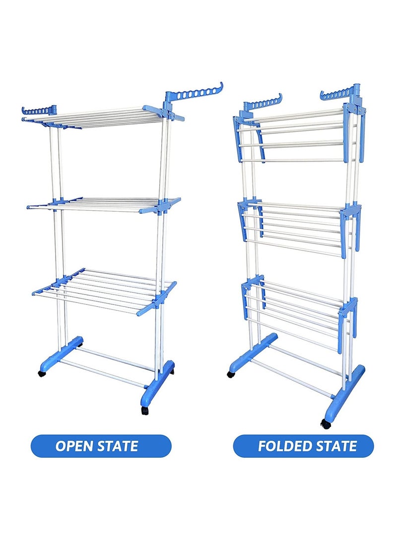 3 tier fordable powder coat dryer rack with wheels (blue) - Image 2