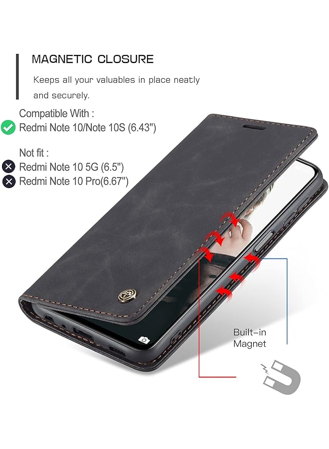 إيروريكس حافظة محفظة لهاتف Xiaomi Redmi Note 10 Redmi Note 10S وليس Note 10 5G، غطاء حماية مغناطيسي ناعم من الجلد الناعم على الطراز القديم مع حامل وفتحات حامل البطاقات Redmi Note 10 Note 10S أسود - Image 2