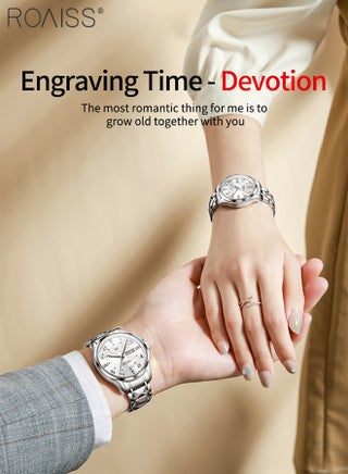 Stainless Steel Strap Couple Quartz Watch Set, Analog Display Round Dial with Rhinestones Decoration, Luxurious Luminous Waterproof Calendar Watch Gift for Men Women, Silver - view 2
