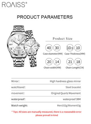 Stainless Steel Strap Couple Quartz Watch Set, Analog Display Round Dial with Rhinestones Decoration, Luxurious Luminous Waterproof Calendar Watch Gift for Men Women, Silver - view 4