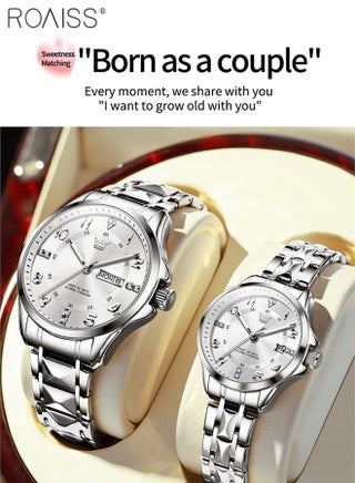 Stainless Steel Strap Couple Quartz Watch Set, Analog Display Round Dial with Rhinestones Decoration, Luxurious Luminous Waterproof Calendar Watch Gift for Men Women, Silver - view 3