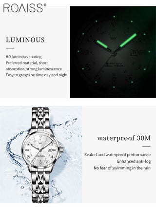Stainless Steel Strap Couple Quartz Watch Set, Analog Display Round Dial with Rhinestones Decoration, Luxurious Luminous Waterproof Calendar Watch Gift for Men Women, Silver - view 5