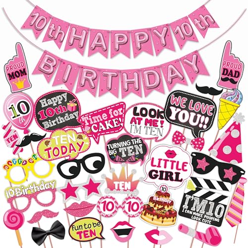 WOBBOX Tenth Birthday Photo Booth Party Props Pink for Baby Girl with 10th Birthday Bunting Banner for Baby Girl in Pink, 10th Birthday Decorations for Girl, Kids Birthday Party Decoration Items - Image 1