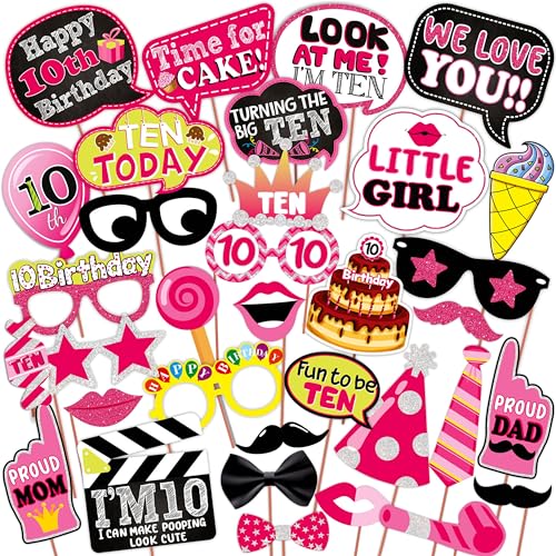 WOBBOX Tenth Birthday Photo Booth Party Props Pink for Baby Girl with 10th Birthday Bunting Banner for Baby Girl in Pink, 10th Birthday Decorations for Girl, Kids Birthday Party Decoration Items - Image 5