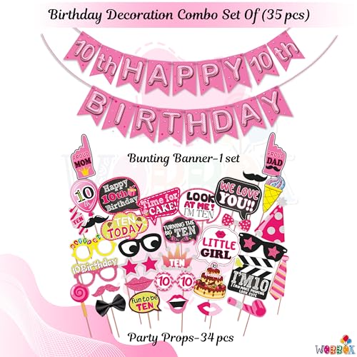 WOBBOX Tenth Birthday Photo Booth Party Props Pink for Baby Girl with 10th Birthday Bunting Banner for Baby Girl in Pink, 10th Birthday Decorations for Girl, Kids Birthday Party Decoration Items - Image 2