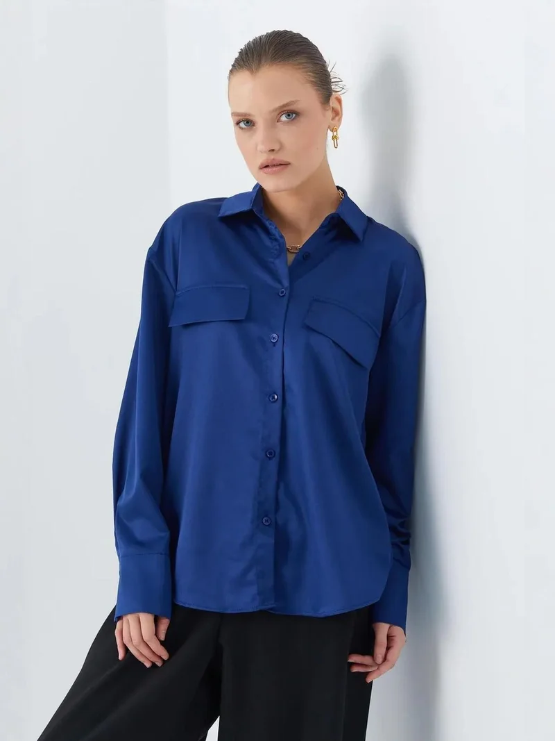 MixRay Satin Button-Up Shirt with Pocket Detail