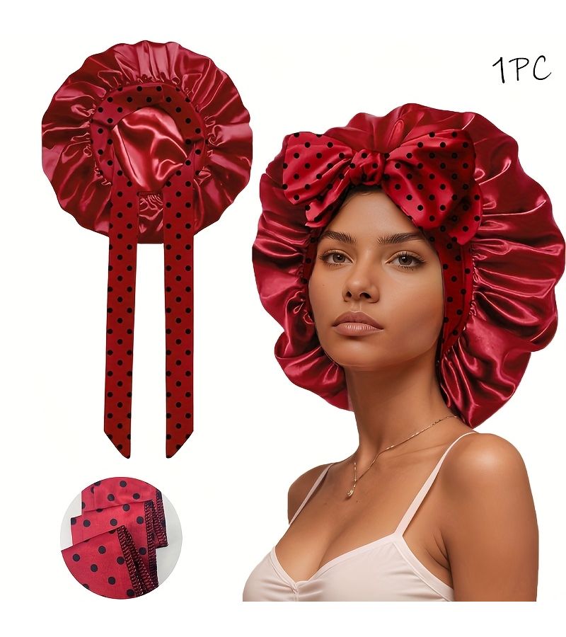 2pcs Wine Red Satin Bonnet with Tie Band for Sleeping Night Sleep Hat for Women Natural Hair - Image 1