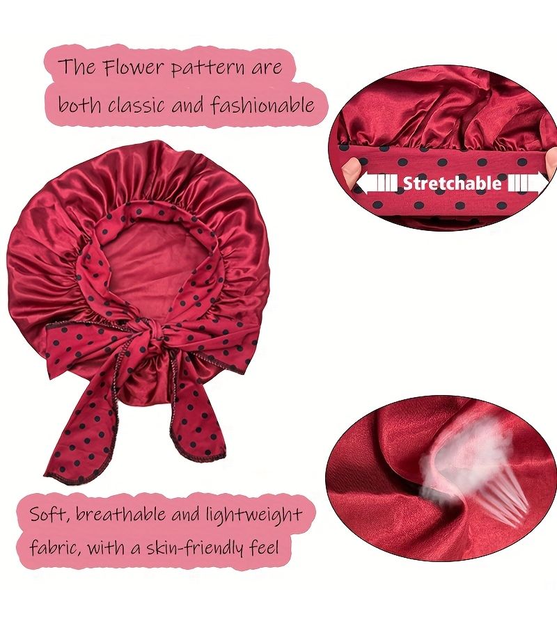 2pcs Wine Red Satin Bonnet with Tie Band for Sleeping Night Sleep Hat for Women Natural Hair - Image 2