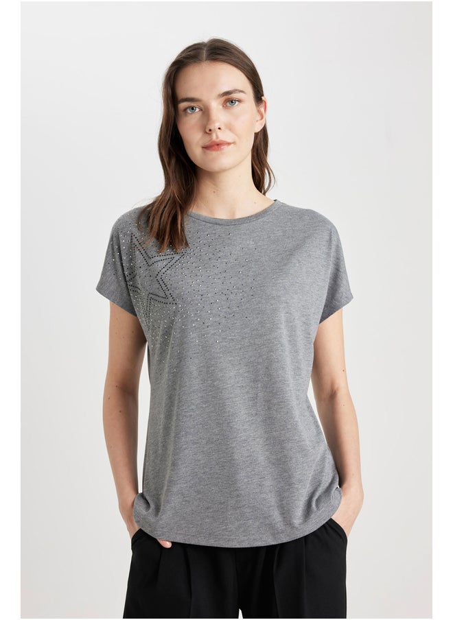 DeFacto - Woman Batwing Crew Neck Knitted Short Sleeve T-Shirt - Image 1