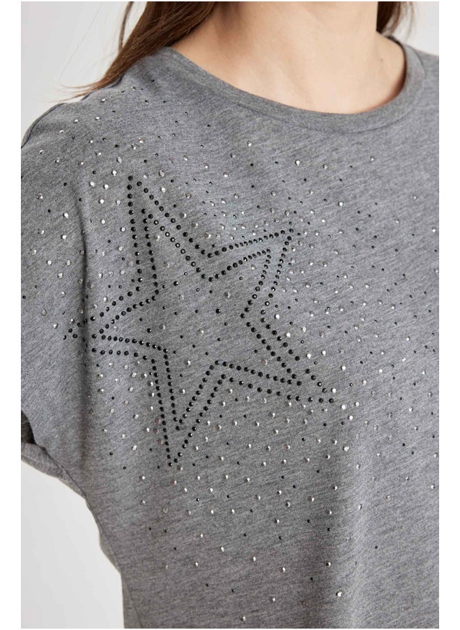 DeFacto - Woman Batwing Crew Neck Knitted Short Sleeve T-Shirt - Image 1