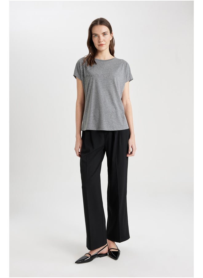 DeFacto - Woman Batwing Crew Neck Knitted Short Sleeve T-Shirt - Image 1