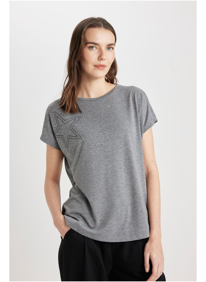 DeFacto - Woman Batwing Crew Neck Knitted Short Sleeve T-Shirt - Image 1
