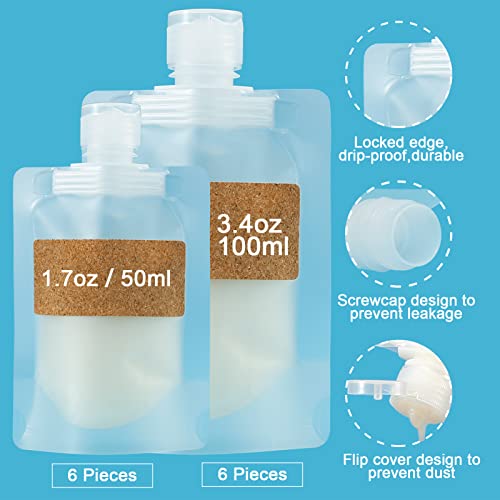 TailaiMei 12 Pieces Travel Pouches for Toiletries, TSA Approved Portable Travel Size, Refillable Stand Up Pouch for Shampoo/Conditioner/Lotion (1.7 &3.4 oz) - Image 2