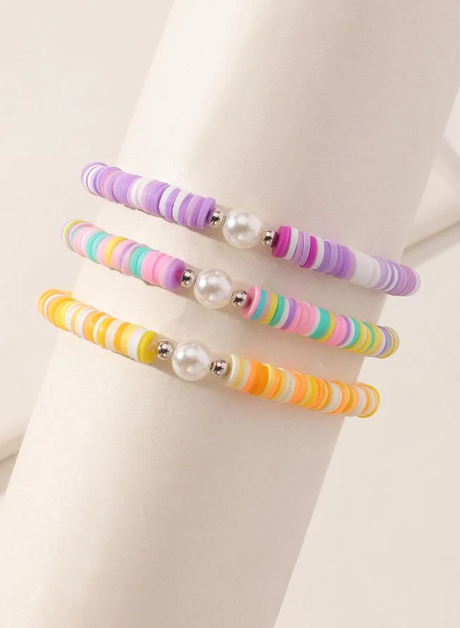 Pack of 3 - Girls Multi-Color Pastel Beaded Bracelets with Pearl Accent