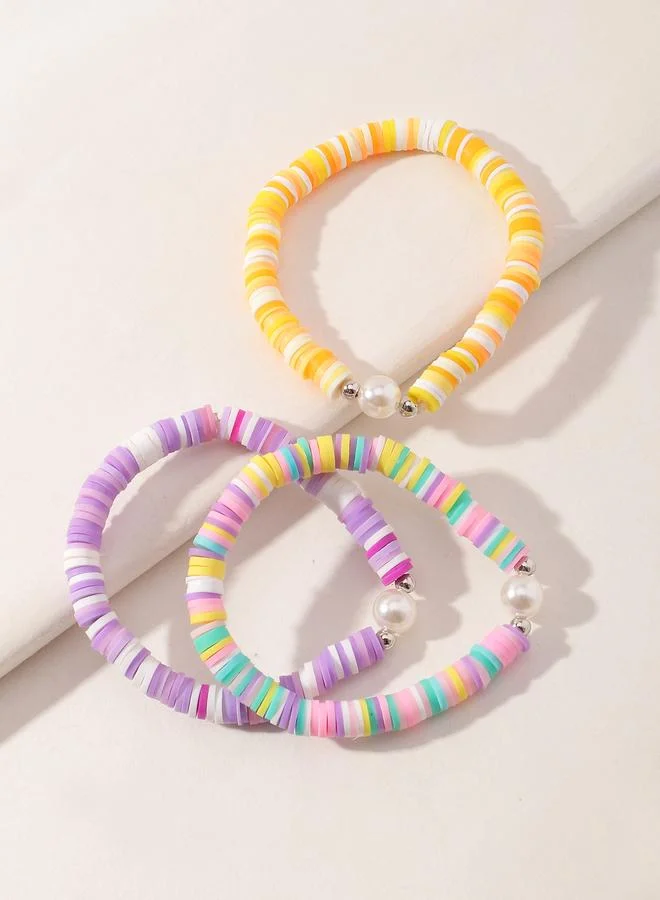 Take Two  Pack of 3 - Girls Multi-Color Pastel Beaded Bracelets with Pearl Accent for Women | Best Price UAE