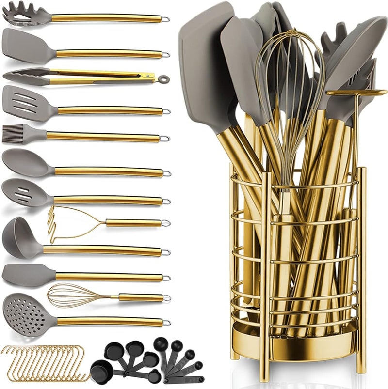Berglander Gold Kitchen Utensils Set, 38 Pieces Non-stick Silicone Cooking Tools Spoon Spatula Set With Sturdy Stainless Steel Utensil Holder, Dishwasher Safe - Image 1