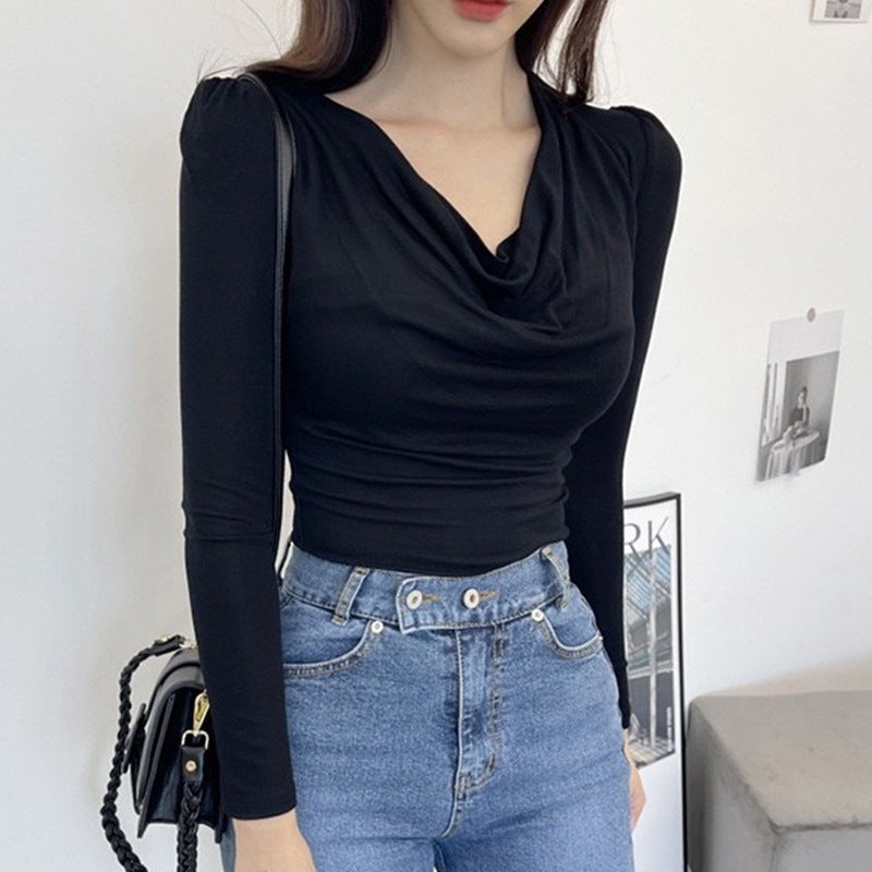 Comfortable fabric ~ nude skin-friendly temperament pile collar long-sleeved T-shirt womens slim fit slimming V-neck bottoming shirt top fashion Black - Image 1