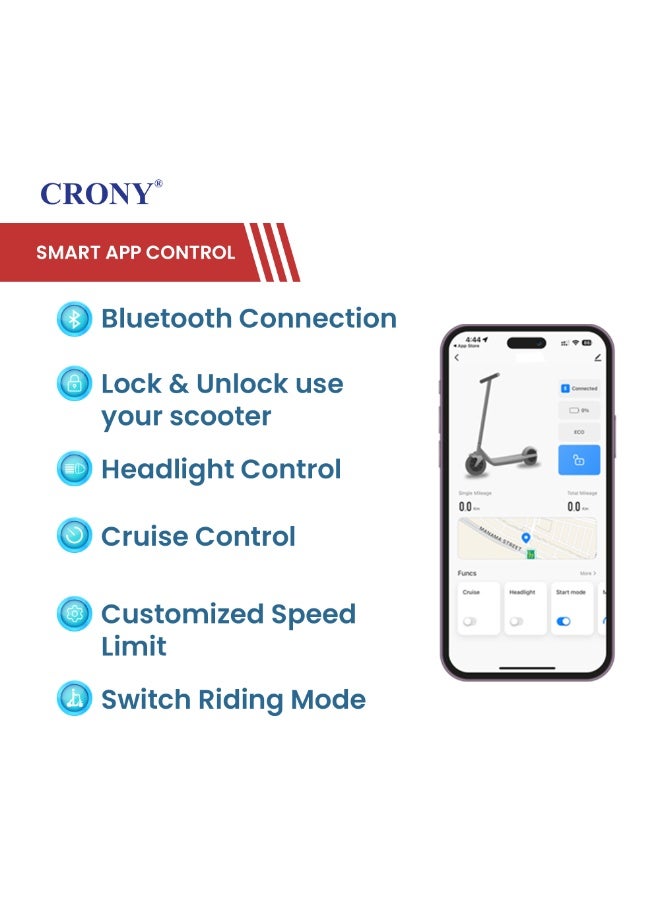 Crony M365 app Fast E-Scooter For Kids/Teens, Speed 25-45km/h, 250w Motor, 36v 7.8ah Battery, 8.5"Tires, App Controlled Lightweight Foldable With Led Headlights High-Speed Electric Scooter, Anti-Slip Deep-Tread Rubber Tires, Rear Disc Brake, 120kg Max Load, App Connectivity, Portable Aluminum Frame - Image 2