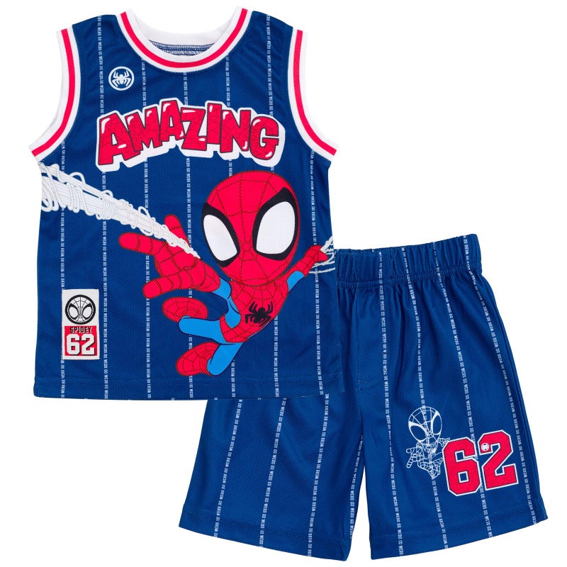 Marvel Spidey and His Amazing Friends Spider-Man Toddler Boys Mesh Jersey Tank Top & Basketball Shorts Outfit Set Blue 4T - Image 1