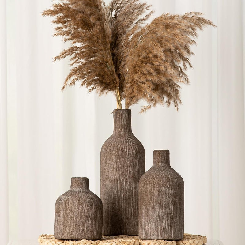 Vanselia Ceramic Vase Home Table Decor - Brown Flower Vase Set of 3 Living Room Kitchen Decorations Farmhouse Modern Rustic Vases Decorative Centerpiece for Shelf Bedroom Office Bathroom Dining Coffee Desk - Image 3