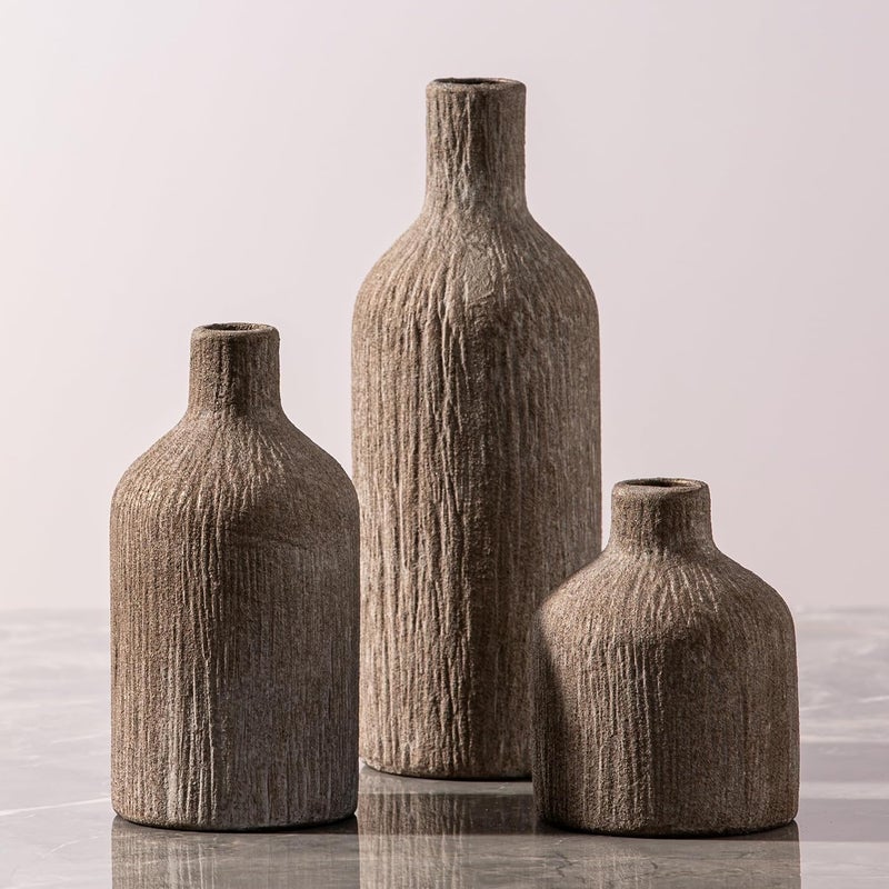 Vanselia Ceramic Vase Home Table Decor - Brown Flower Vase Set of 3 Living Room Kitchen Decorations Farmhouse Modern Rustic Vases Decorative Centerpiece for Shelf Bedroom Office Bathroom Dining Coffee Desk - Image 1