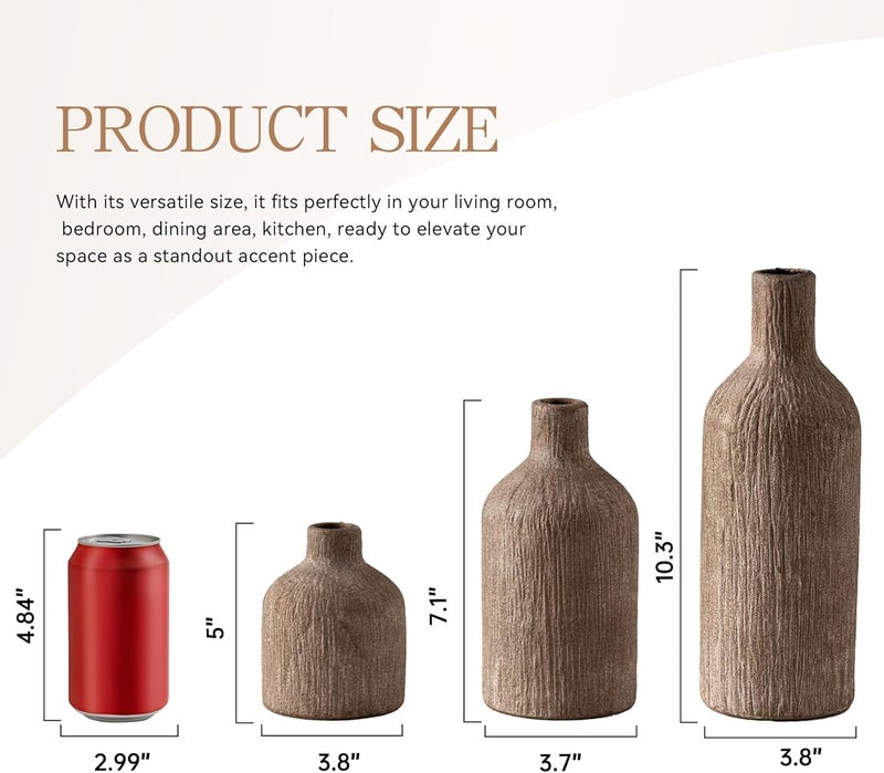 Vanselia Ceramic Vase Home Table Decor - Brown Flower Vase Set of 3 Living Room Kitchen Decorations Farmhouse Modern Rustic Vases Decorative Centerpiece for Shelf Bedroom Office Bathroom Dining Coffee Desk - Image 2