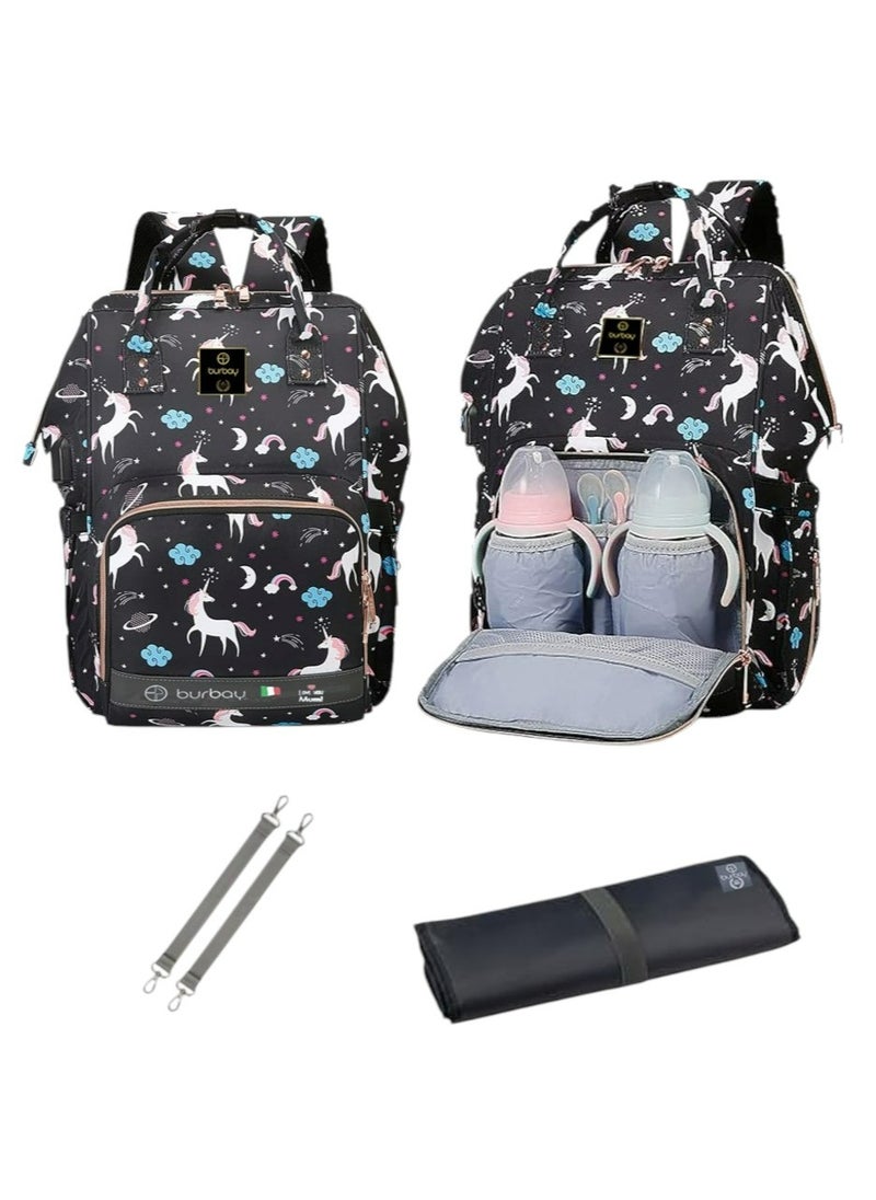 burbay Burbay Unicorn Design Diaper Backpack (Black) - Large Capacity & Practical for Mothers  - Image 5
