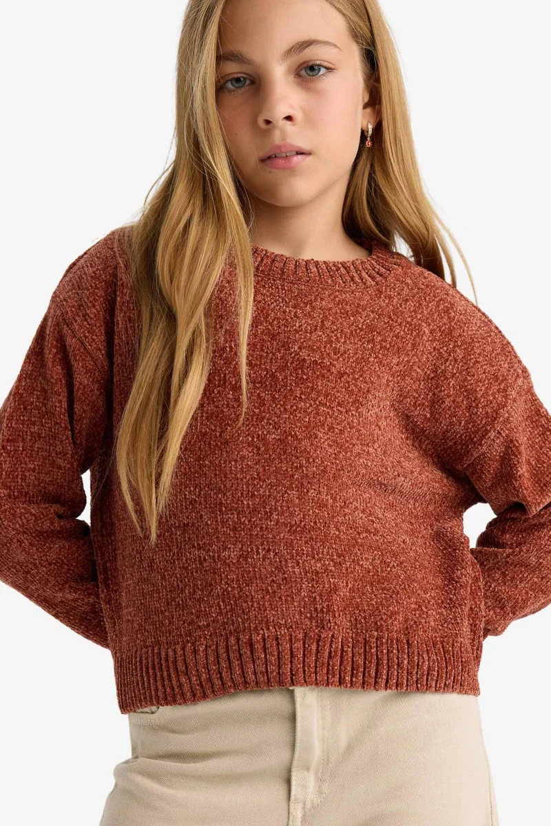 Defacto Girl Crew Neck Chenille Knit Pullover