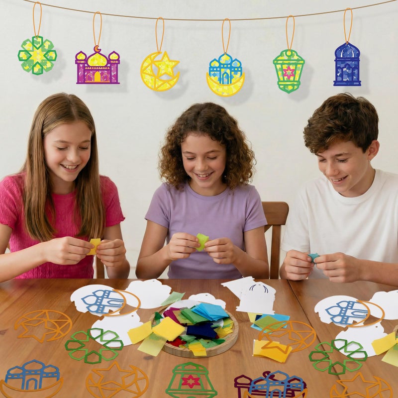 Feifeiya 24 Set Ramadan Crafts - DIY Ramadan Suncatcher Tissue Paper Craft Kit Eid Mubarak Crafts Bulk for Eid Al-fitr Activities Ornaments Hanging Decorations Party Gifts Favors Supplies - Image 5