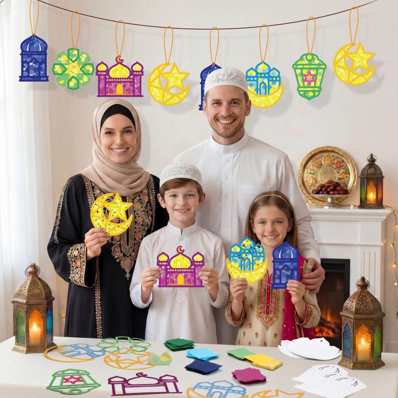 Feifeiya 24 Set Ramadan Crafts - DIY Ramadan Suncatcher Tissue Paper Craft Kit Eid Mubarak Crafts Bulk for Eid Al-fitr Activities Ornaments Hanging Decorations Party Gifts Favors Supplies - Image 4