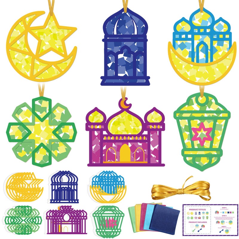 Feifeiya 24 Set Ramadan Crafts - DIY Ramadan Suncatcher Tissue Paper Craft Kit Eid Mubarak Crafts Bulk for Eid Al-fitr Activities Ornaments Hanging Decorations Party Gifts Favors Supplies - Image 1