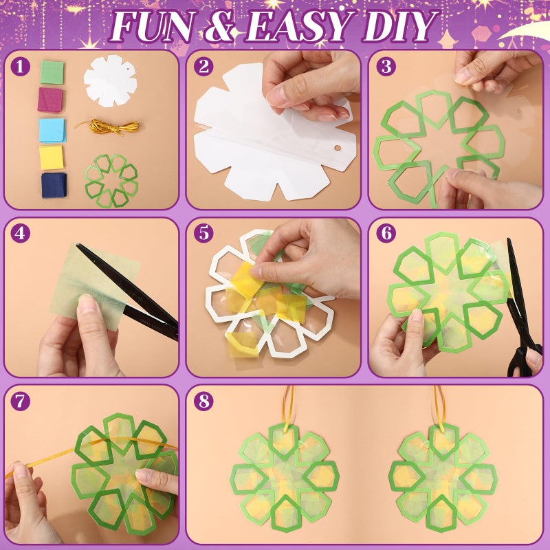 Feifeiya 24 Set Ramadan Crafts - DIY Ramadan Suncatcher Tissue Paper Craft Kit Eid Mubarak Crafts Bulk for Eid Al-fitr Activities Ornaments Hanging Decorations Party Gifts Favors Supplies - Image 2