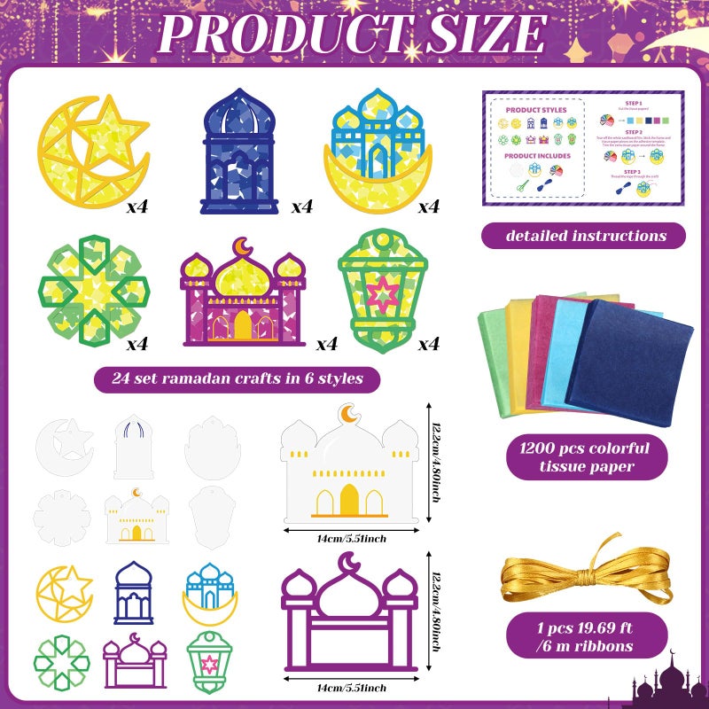 Feifeiya 24 Set Ramadan Crafts - DIY Ramadan Suncatcher Tissue Paper Craft Kit Eid Mubarak Crafts Bulk for Eid Al-fitr Activities Ornaments Hanging Decorations Party Gifts Favors Supplies - Image 3