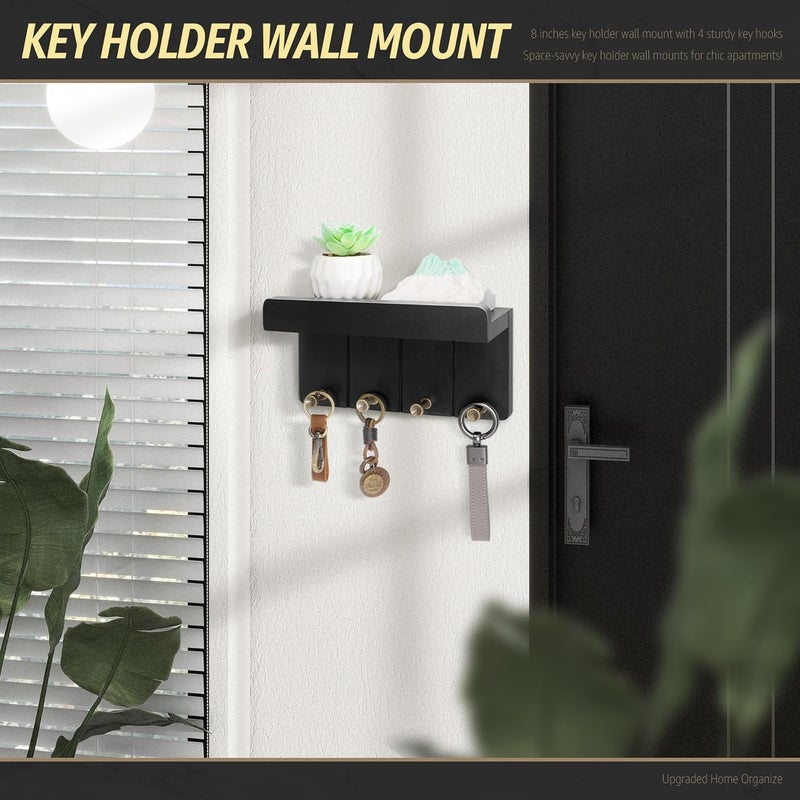 Rebee Vision Small Key Holder Wall Mount - Decorative 8 inch Key and Mail Holder for Wall with Shelf and 4 Sturdy Hooks for Aesthetic Room Decor - Perfect Aesthetic Stuff in House Decor (Modern Black) - Image 2