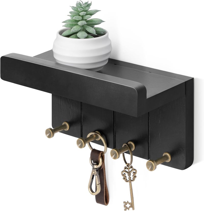 Rebee Vision Small Key Holder Wall Mount - Decorative 8 inch Key and Mail Holder for Wall with Shelf and 4 Sturdy Hooks for Aesthetic Room Decor - Perfect Aesthetic Stuff in House Decor (Modern Black) - Image 1