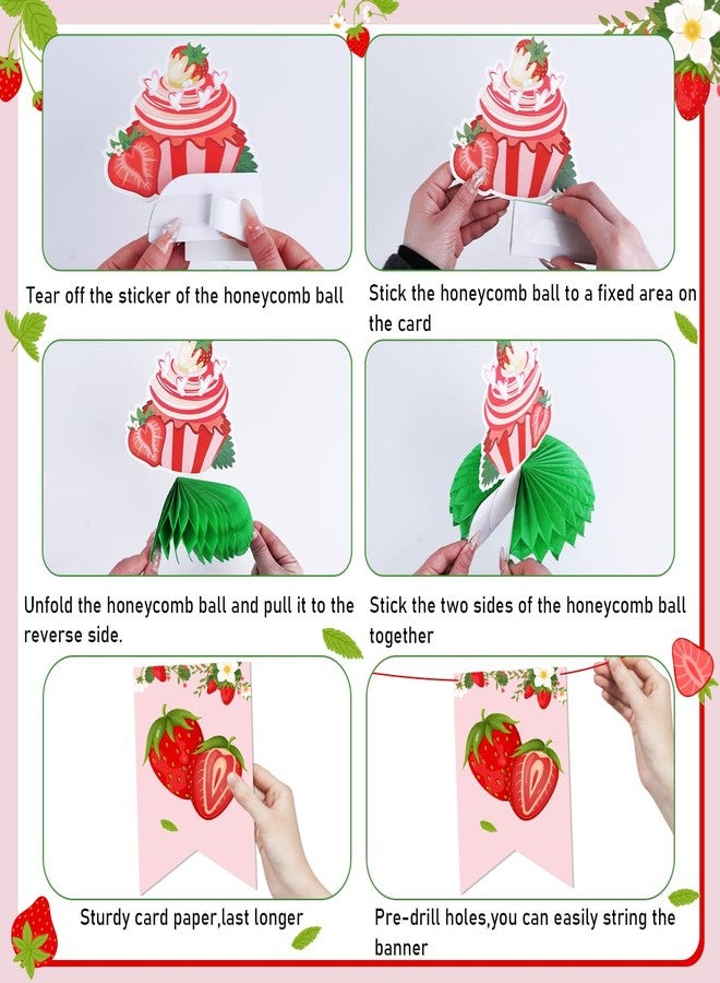 Haimimall Strawberry Birthday Decorations, 220Pcs Pink Berry Plates and Napkins Happy Birthday Banner Berry Sweet Tablecloth Honeycomb Cake Topper Hanging Swirls for Strawberry Party Decor, Serve 26 - Image 5