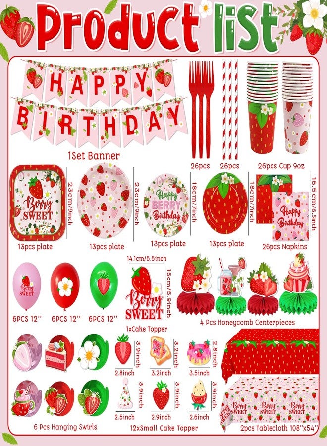 Haimimall Strawberry Birthday Decorations, 220Pcs Pink Berry Plates and Napkins Happy Birthday Banner Berry Sweet Tablecloth Honeycomb Cake Topper Hanging Swirls for Strawberry Party Decor, Serve 26 - Image 3