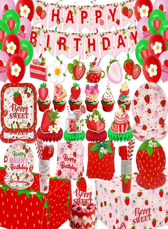 Haimimall Strawberry Birthday Decorations, 220Pcs Pink Berry Plates and Napkins Happy Birthday Banner Berry Sweet Tablecloth Honeycomb Cake Topper Hanging Swirls for Strawberry Party Decor, Serve 26 - Image 1