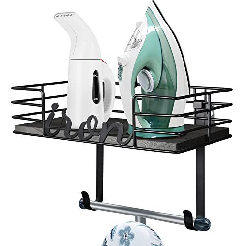 TJMOREE TJ.MOREE Ironing Board Hanger Wall Mount - Laundry Room Iron and Ironing Board Holder, Metal Wall Mount with Large Storage Black Wooden Base Basket and Removable Hook(Black) - Image 1