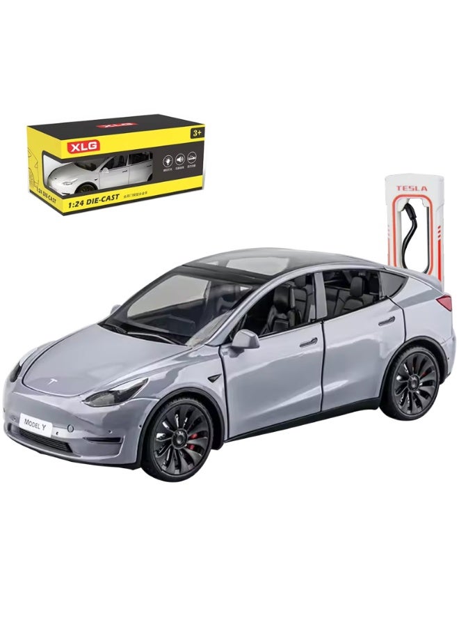 Taizz Ventures 1:24 Scale Diecast Car Model 3, Roadster, Alloy Pull Back Toy Vehicle with Lights and Sound, Opening Doors, Charging Pile for Model Y – Collectible Model and Gift for Kids and Adults, White/Pearl - Image 1