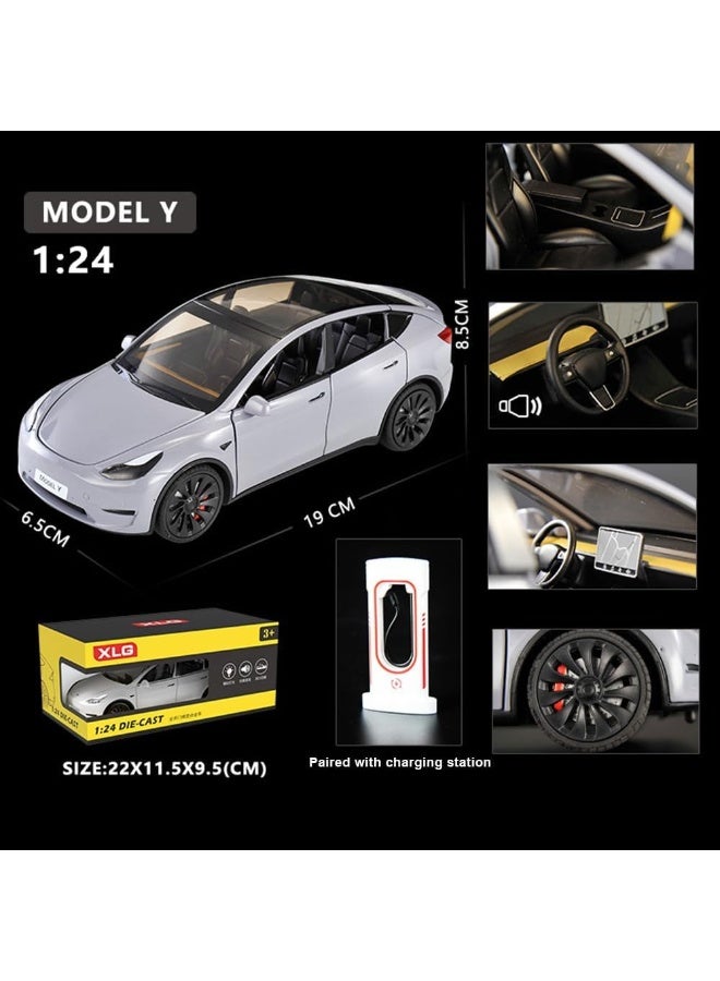 Taizz Ventures 1:24 Scale Diecast Car Model 3, Roadster, Alloy Pull Back Toy Vehicle with Lights and Sound, Opening Doors, Charging Pile for Model Y – Collectible Model and Gift for Kids and Adults, White/Pearl - Image 2