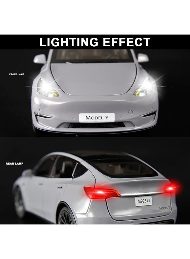 Taizz Ventures 1:24 Scale Diecast Car Model 3, Roadster, Alloy Pull Back Toy Vehicle with Lights and Sound, Opening Doors, Charging Pile for Model Y – Collectible Model and Gift for Kids and Adults, White/Pearl - Image 3