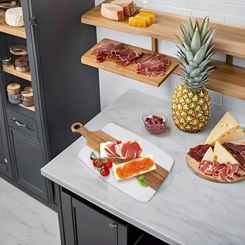 TIYOORTA Marble and Acacia Wood Cheese Cutting Board with 4Pcs Cheese Knife Set,Luxury Charcuterie Serving Board w Utensils| Handmade Easy Grip Handle Appetizer Platter Display Tray (13.78 IN*7.08 IN*0.8 IN) - Image 3