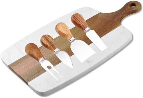 TIYOORTA Marble and Acacia Wood Cheese Cutting Board with 4Pcs Cheese Knife Set,Luxury Charcuterie Serving Board w Utensils| Handmade Easy Grip Handle Appetizer Platter Display Tray (13.78 IN*7.08 IN*0.8 IN) - Image 1
