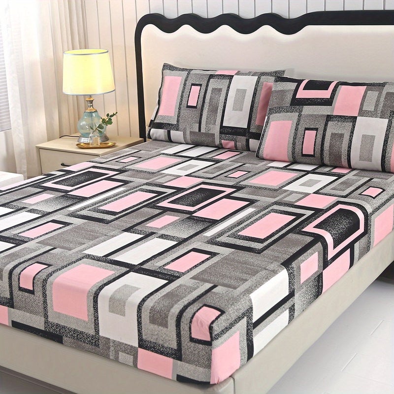 3 قطع طقم ملاءة مضبوطة بنقوش هندسية مربعة مقاس 62.99 × 78.74 بوصة كينج سنجل صغير مع أغطية وسائد - Image 5