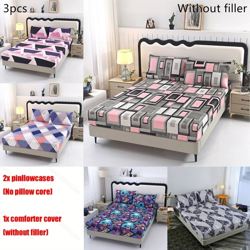3 قطع طقم ملاءة مضبوطة بنقوش هندسية مربعة مقاس 62.99 × 78.74 بوصة كينج سنجل صغير مع أغطية وسائد - Image 1
